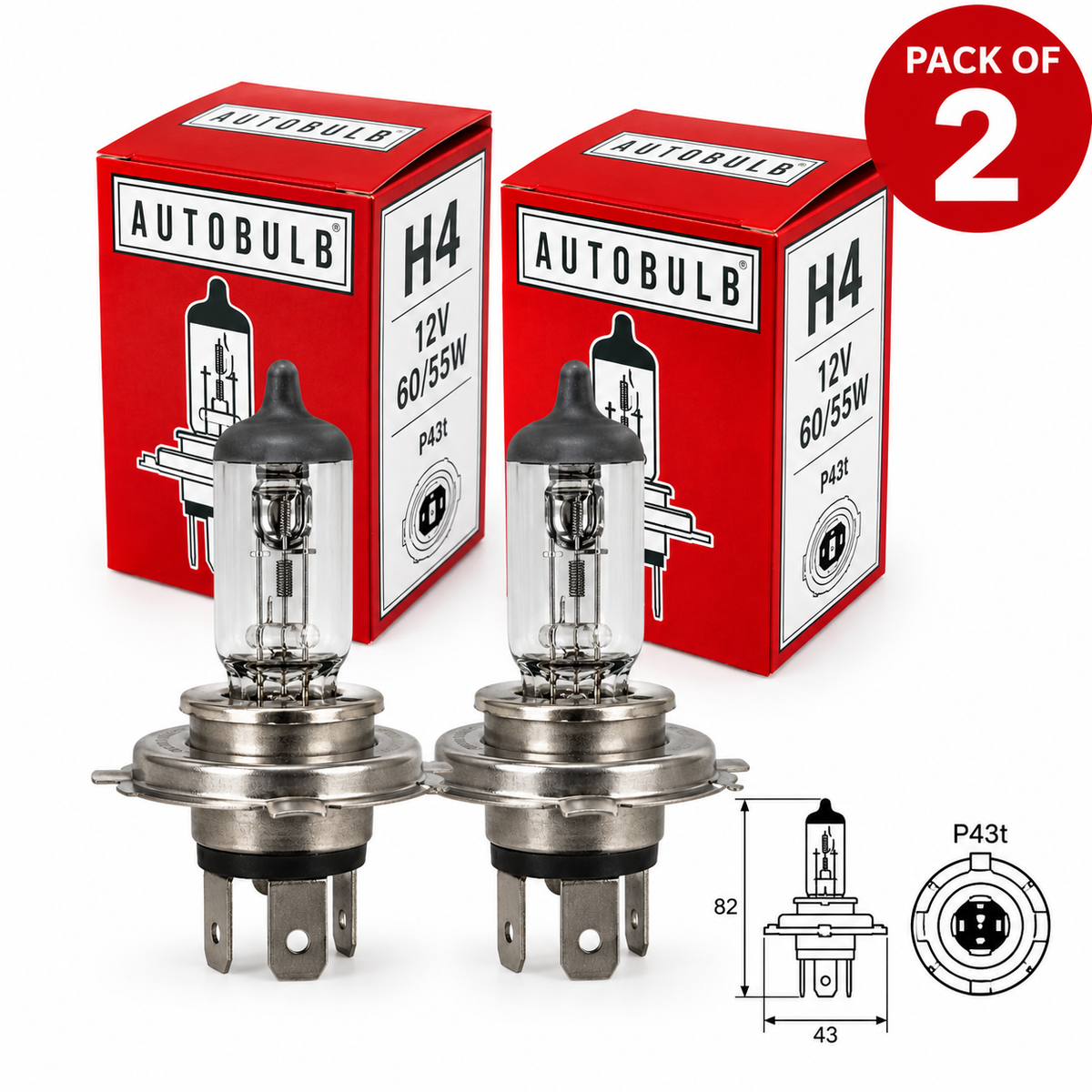 H4 472 Halogen Headlight Bulbs 12V 60/55W – Pack of 2