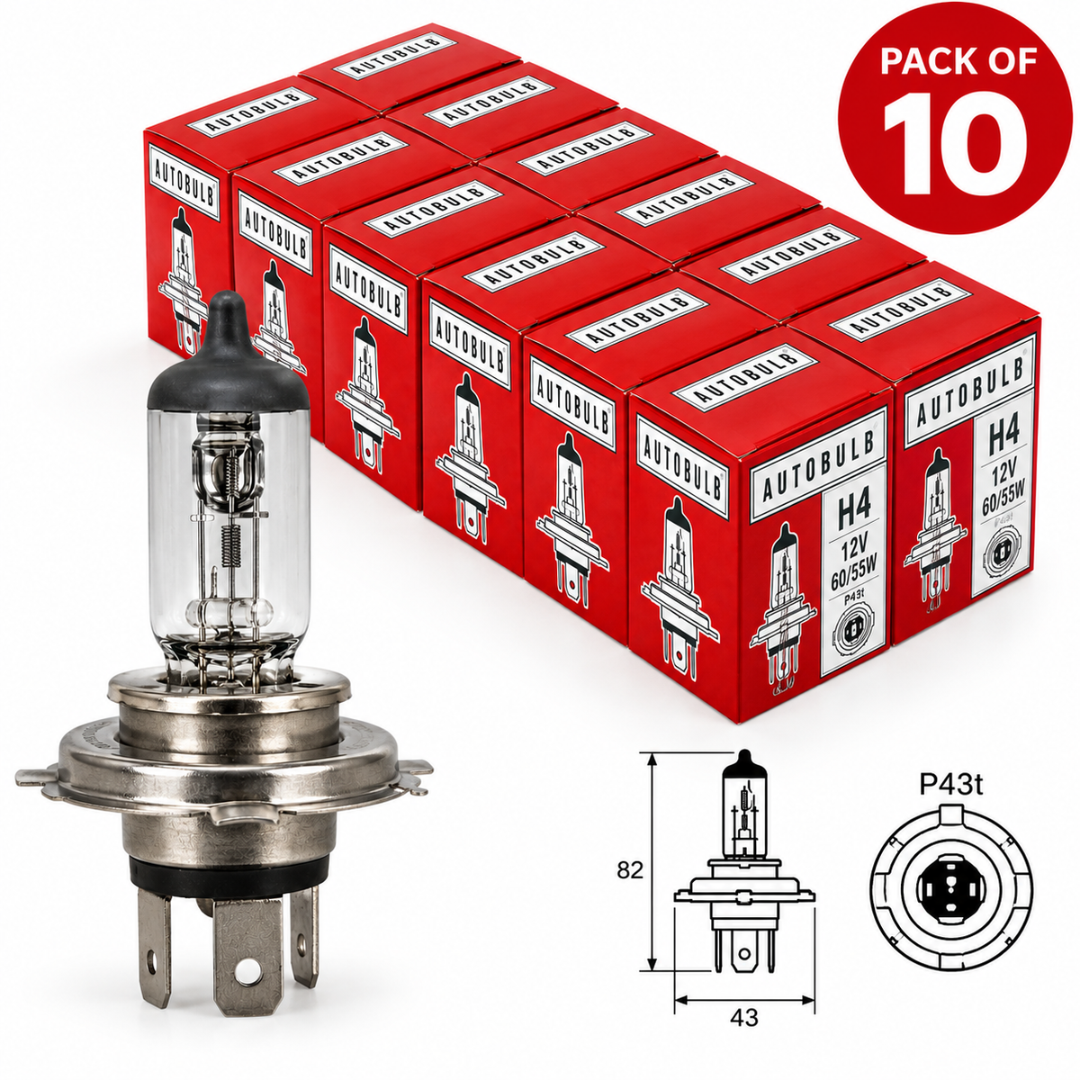 H4 472 Halogen Headlight Bulbs 12V 60/55W – Pack of 10