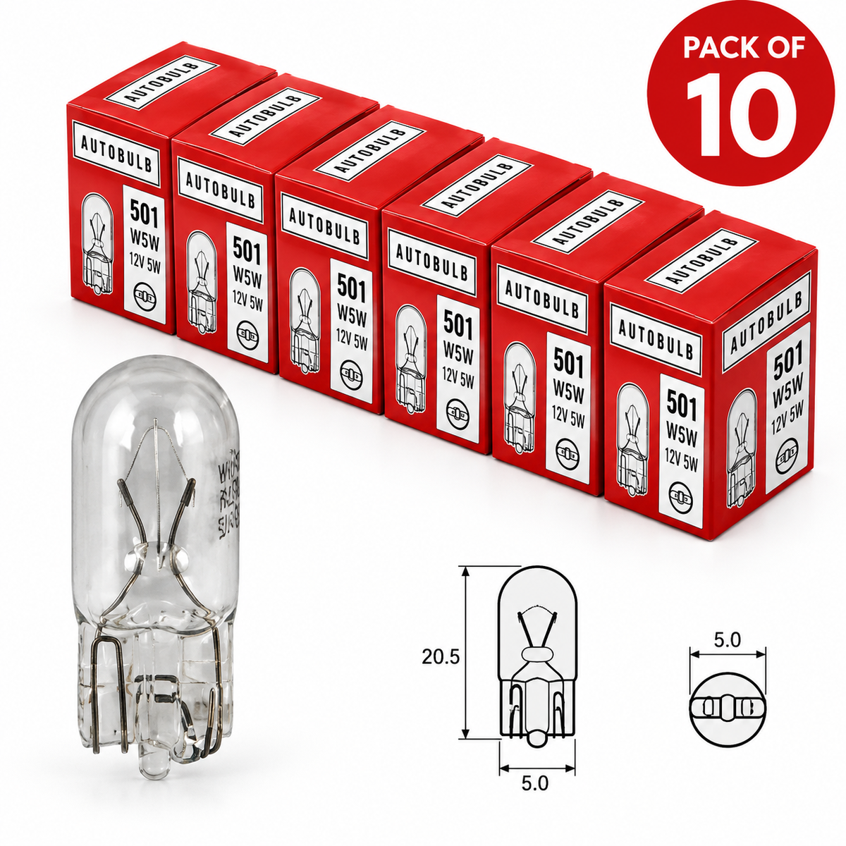 501 W5W Car Bulbs 12V 5W Standard Replacement – Pack of 10