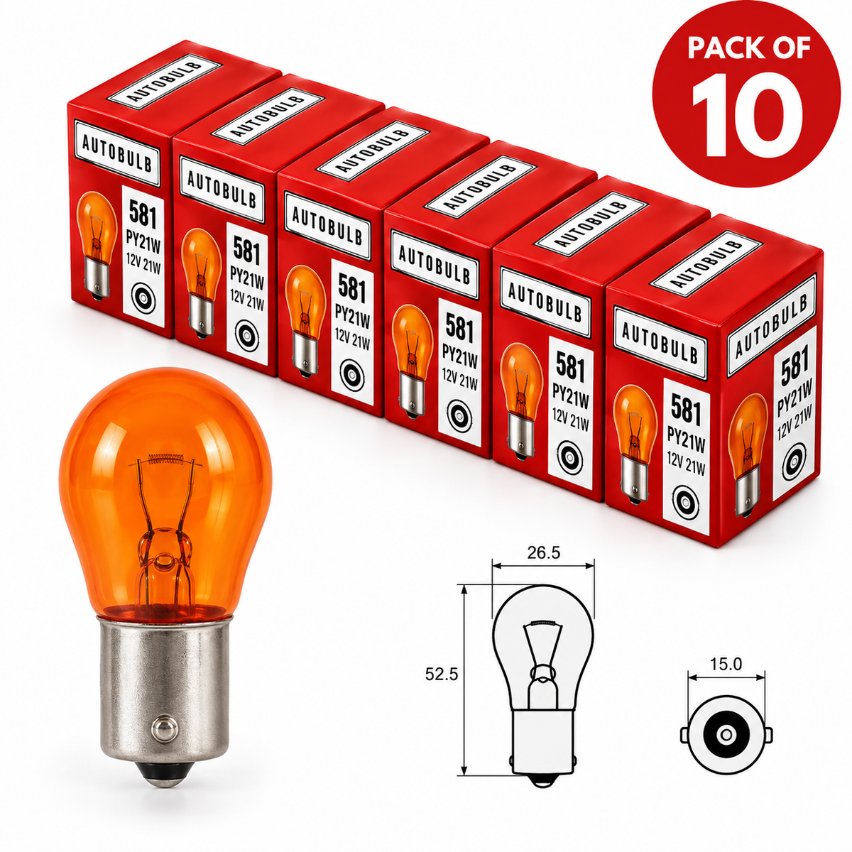 581 PY21W Amber Indicator Bulbs 12V 21W – Pack of 10